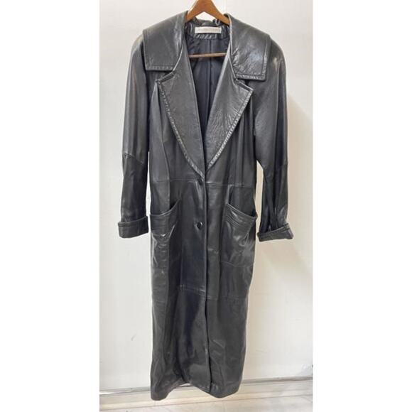 Vintage ANDREW MARC women's BLACK LAMBSKIN LEATHER FULL LENGTH TRENCH COAT LARGE - Picture 1 of 10